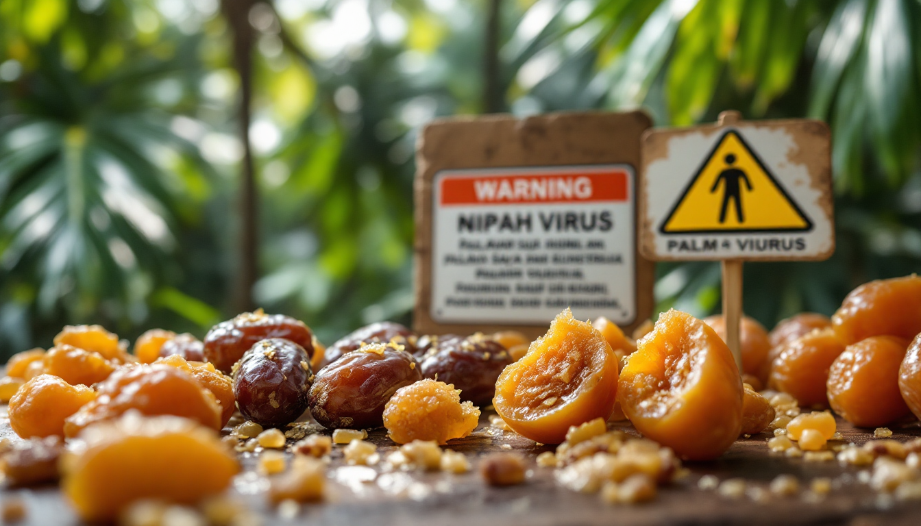 박쥐의 침과 소변에 오염된 대추야자와 나무 수액의 근접 이미지