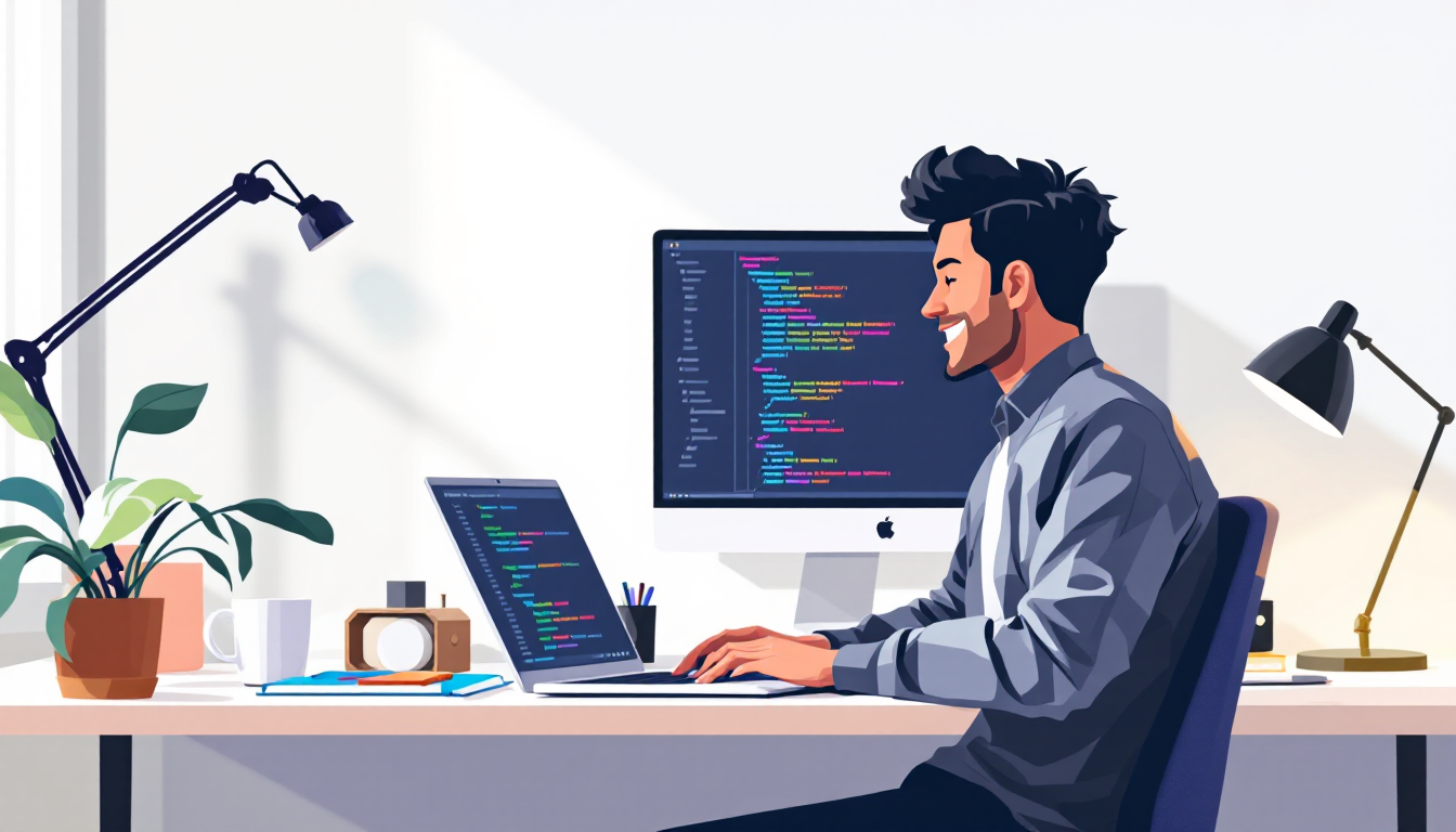 파이썬 실생활 예제를 통한 코딩 배우기를 상징하는 컴퓨터 작업 공간 이미지