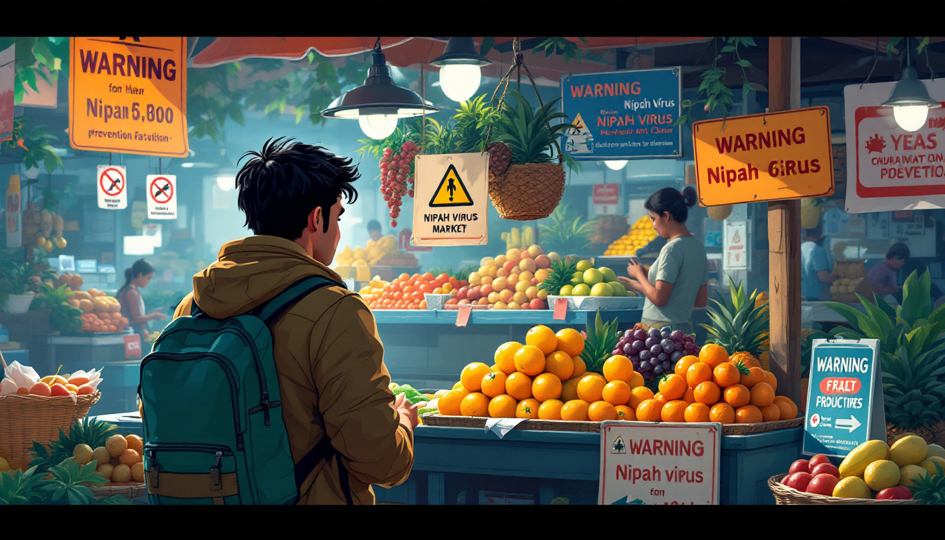 해외 여행 중 과일 섭취에 주의하는 여행자의 모습과 니파 바이러스 예방 경고 문구가 있는 시장 풍경
