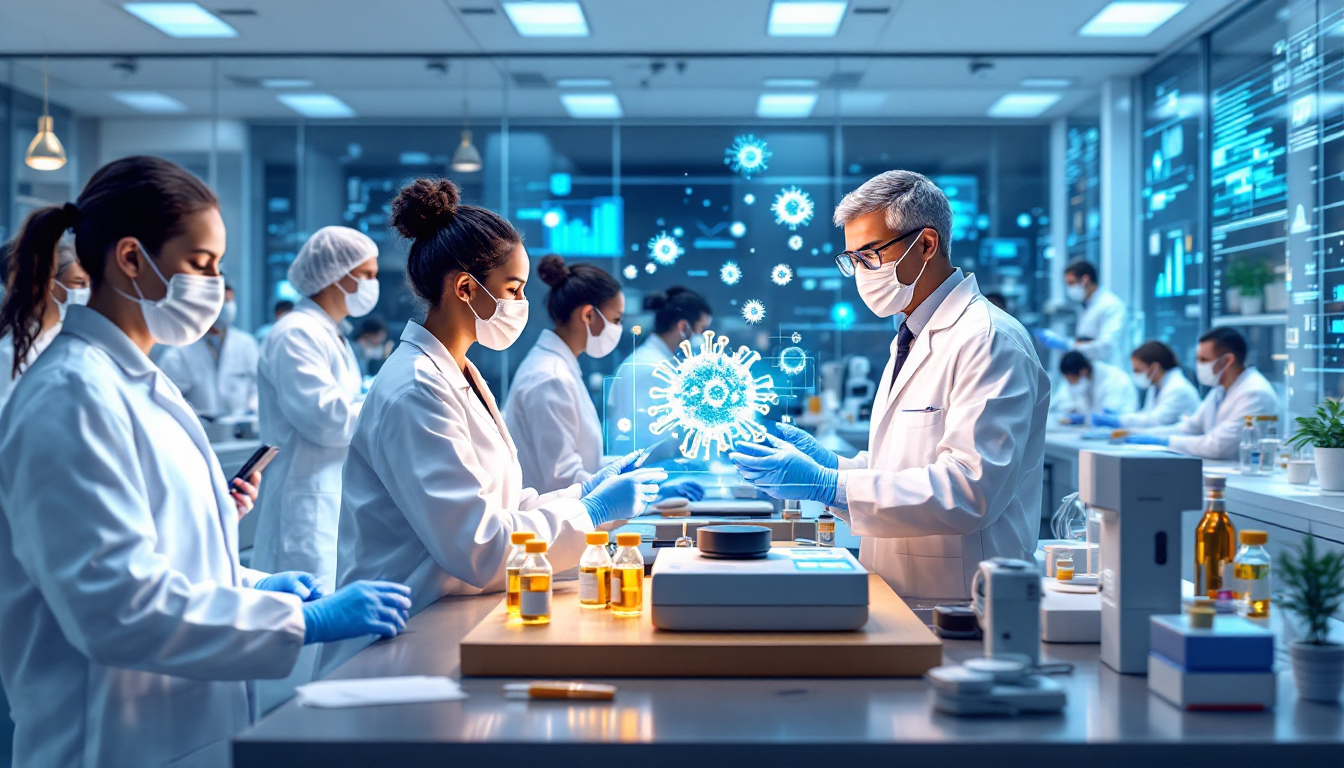 단일클론항체 치료제, 항바이러스제 연구, 백신 개발을 나타내는 미래 치료법 연구 장면