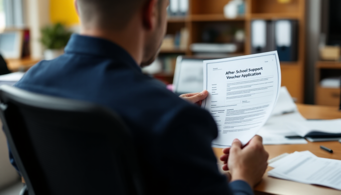 학교 행정실에 방문하여 방과후 지원금 신청서를 제출하는 학부모의 모습