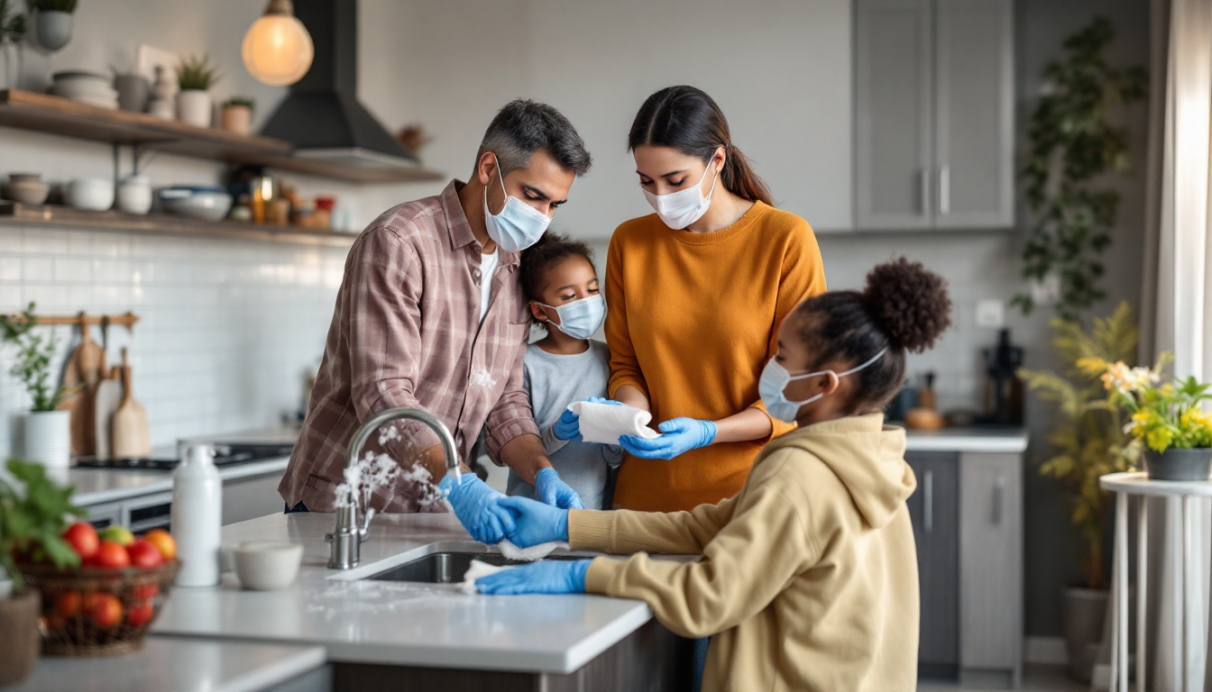 니파 바이러스 예방을 위해 가족이 개인 위생과 안전 수칙을 실천하는 모습