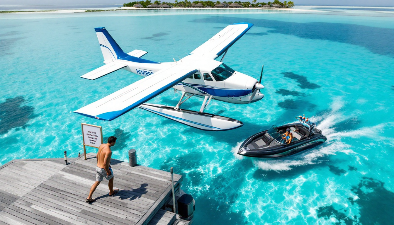 말레 국제공항에서 몰디브 리조트로 이동하는 수상비행기와 스피드보트 교통수단 전경