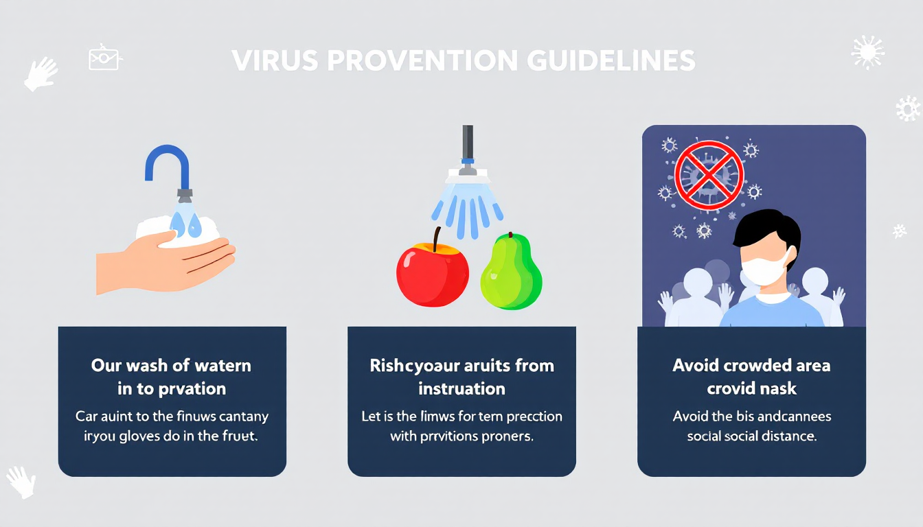 손 씻기, 과일 세척, 위험 지역 회피 등 니파 바이러스 예방 수칙을 시각적으로 안내하는 인포그래픽