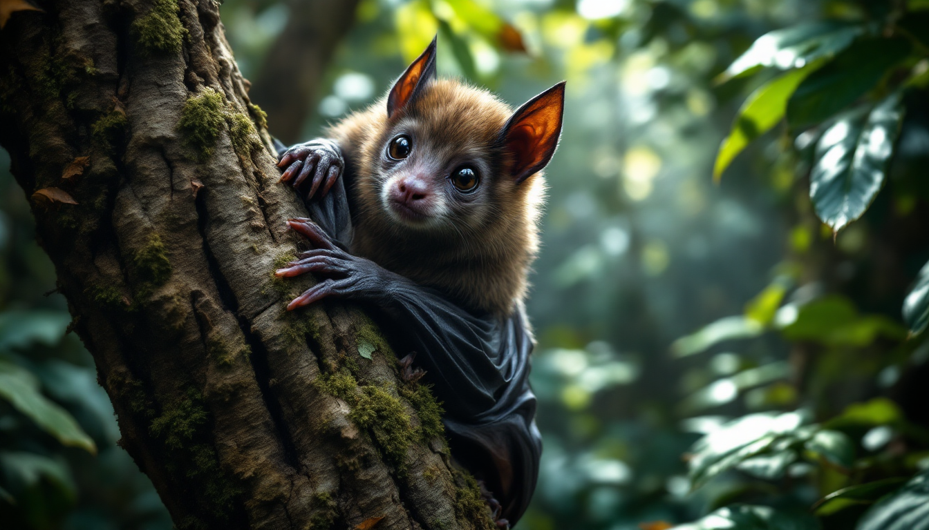 니파 바이러스의 주요 자연 숙주인 과일박쥐가 나뭇가지에 앉아 있는 모습