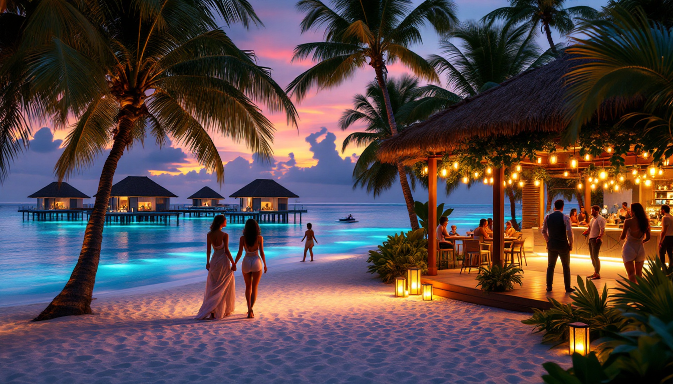 몰디브 W 호텔에서 커플들이 노을과 활기찬 음악이 있는 밤 문화를 즐기는 모습