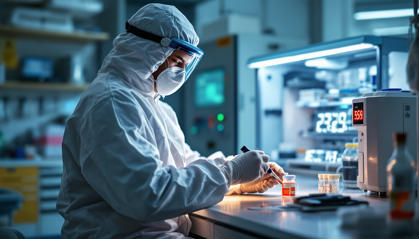 니파 바이러스의 실시간 중합효소 연쇄반응 PCR 검사 장면과 고안전도 생물안전 4등급 실험실 모습