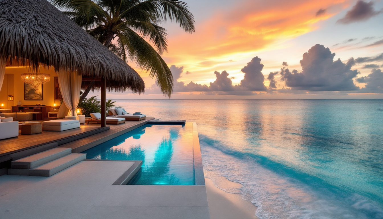 완벽한 계획으로 실현하는 몰디브 힐튼 신혼여행을 표현한 몰디브 리조트 풍경