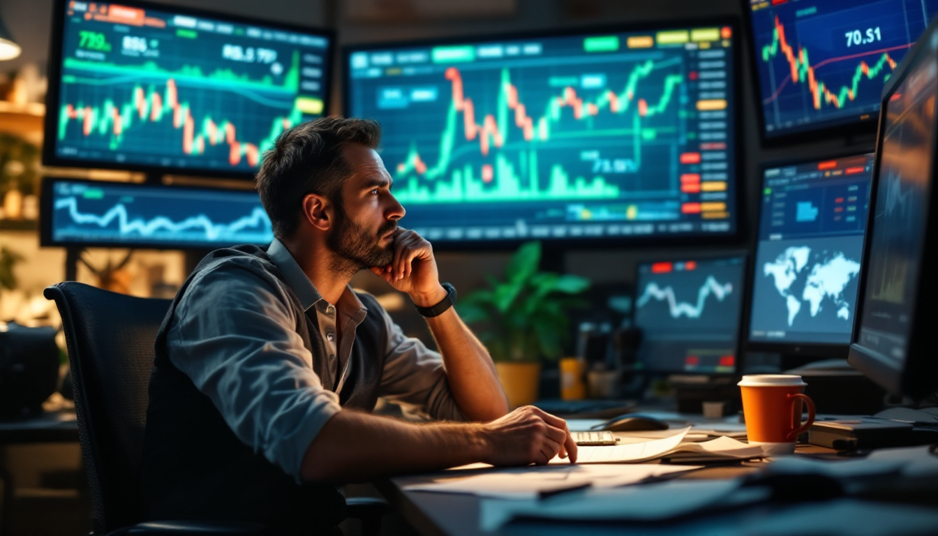 과매수 상태를 알리는 RSI 지표와 금 시세 변동성을 보는 투자자 이미지