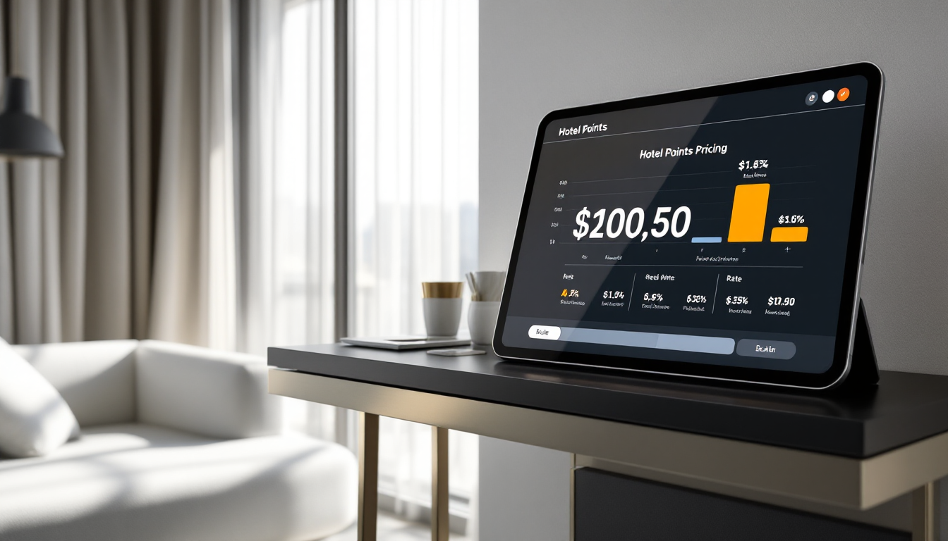 메리어트 호텔 포인트 다이내믹 프라이싱을 보여주는 현대적인 호텔 객실과 차트