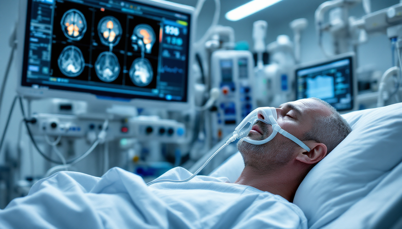 급성 뇌염으로 호흡기 치료를 받는 중증 니파 바이러스 환자의 병원 장면