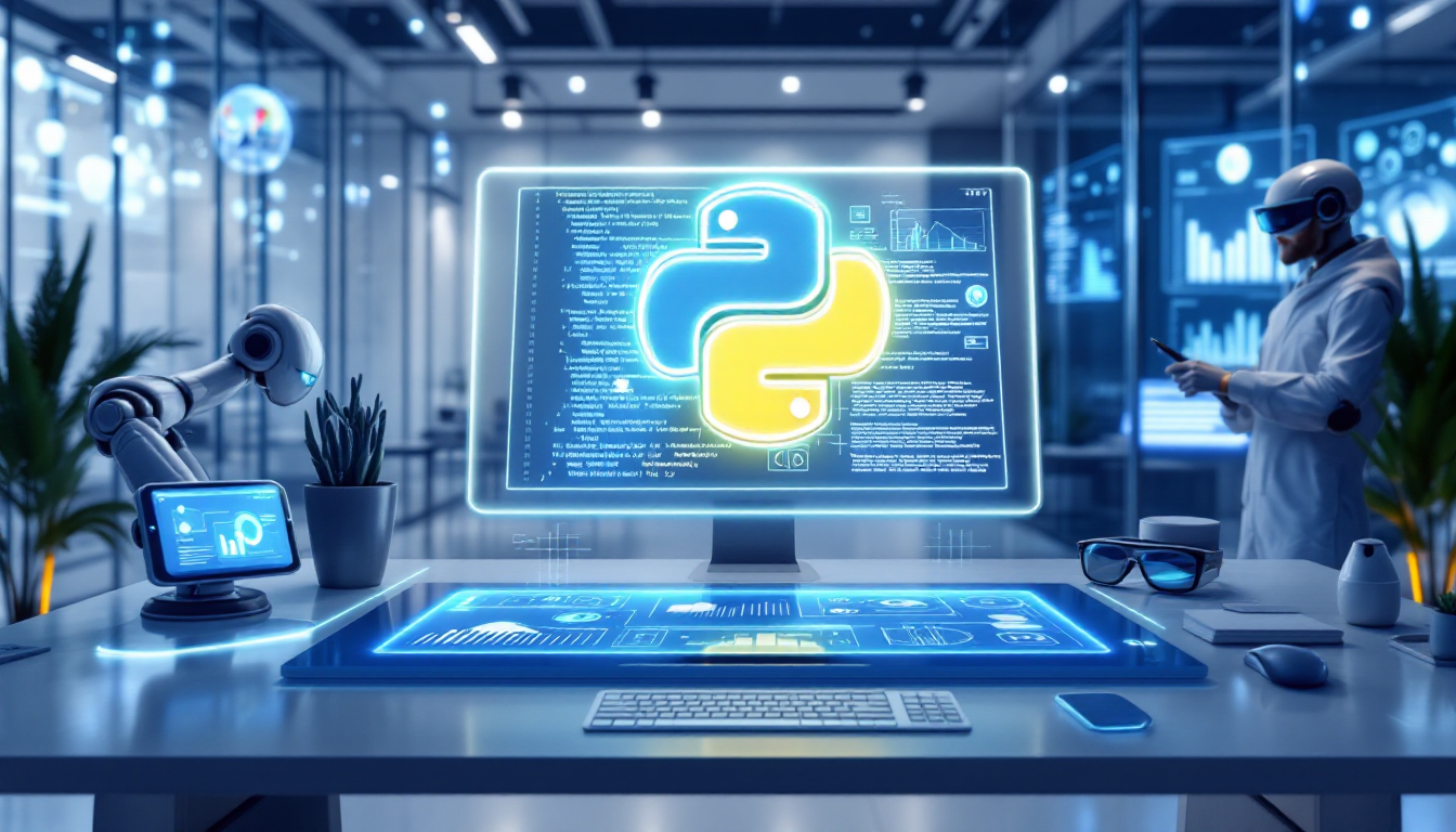 파이썬과 AI가 결합한 지능형 자동화 시스템을 시각화한 이미지