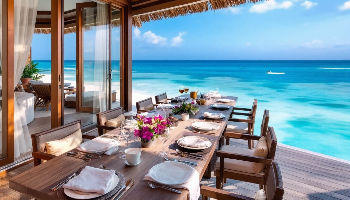 몰디브 리조트 고급 레스토랑에서 식사하는 손님들과 고급 음식들