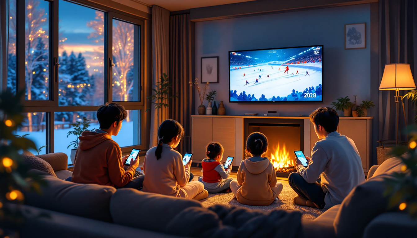 가족이 집에서 TV와 모바일로 동계올림픽을 시청하는 모습